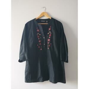 Style & Co Woman's Linen Tunic Top 16W Black Embroidery Dark Cottage Lagenlook